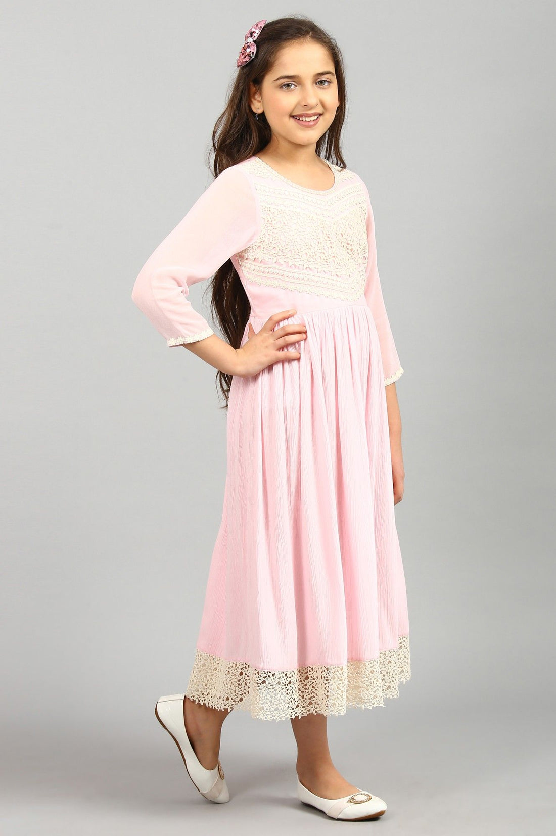 Pink Flared Calf Length Dress