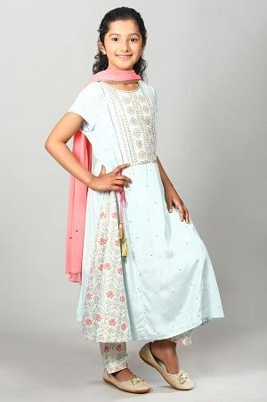 Blue Embroidered kurta-Palazzo-Dupatta Girls Set