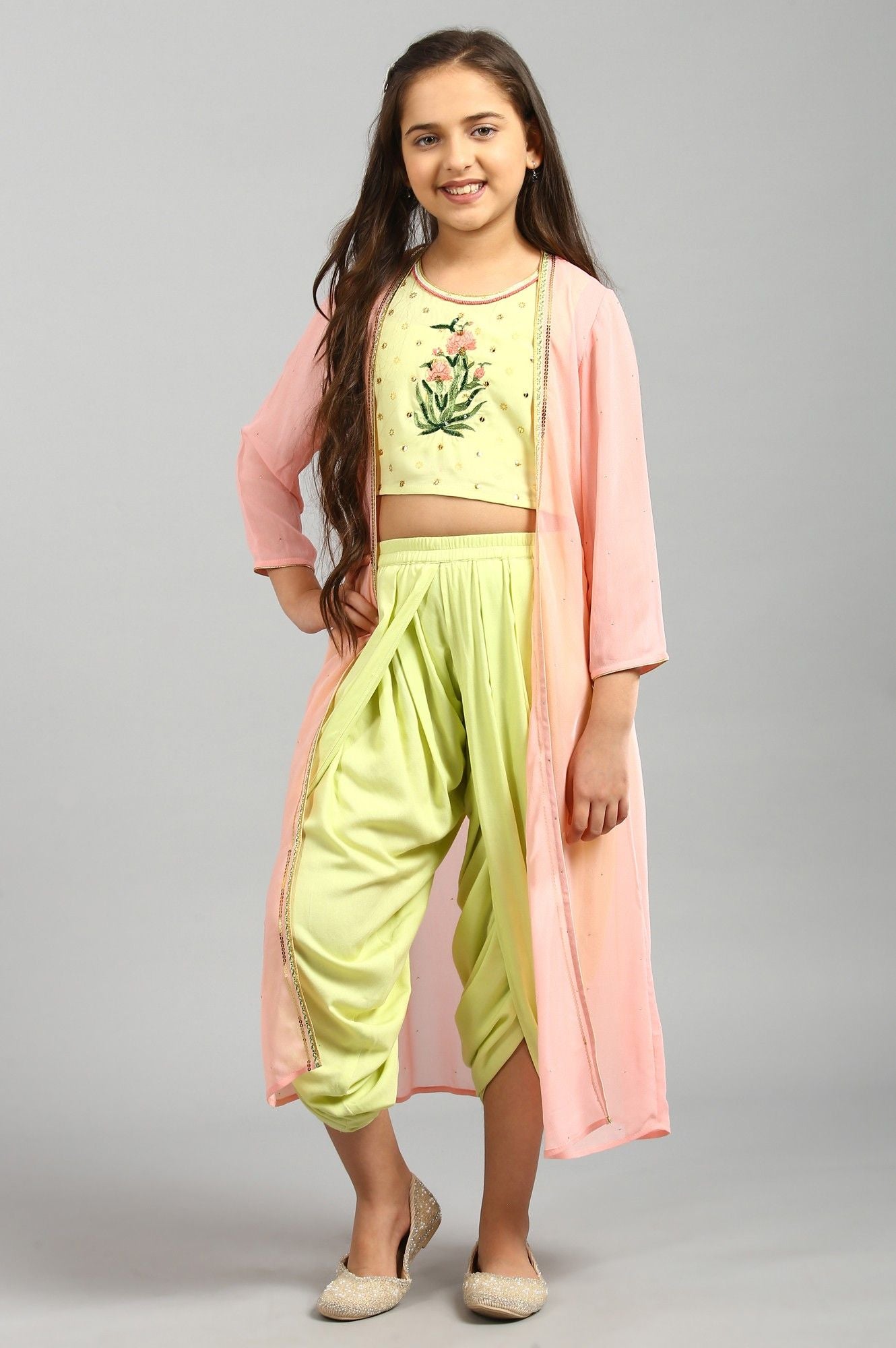 Pista Green Top-Salwar-Pink Gillet Girls Set