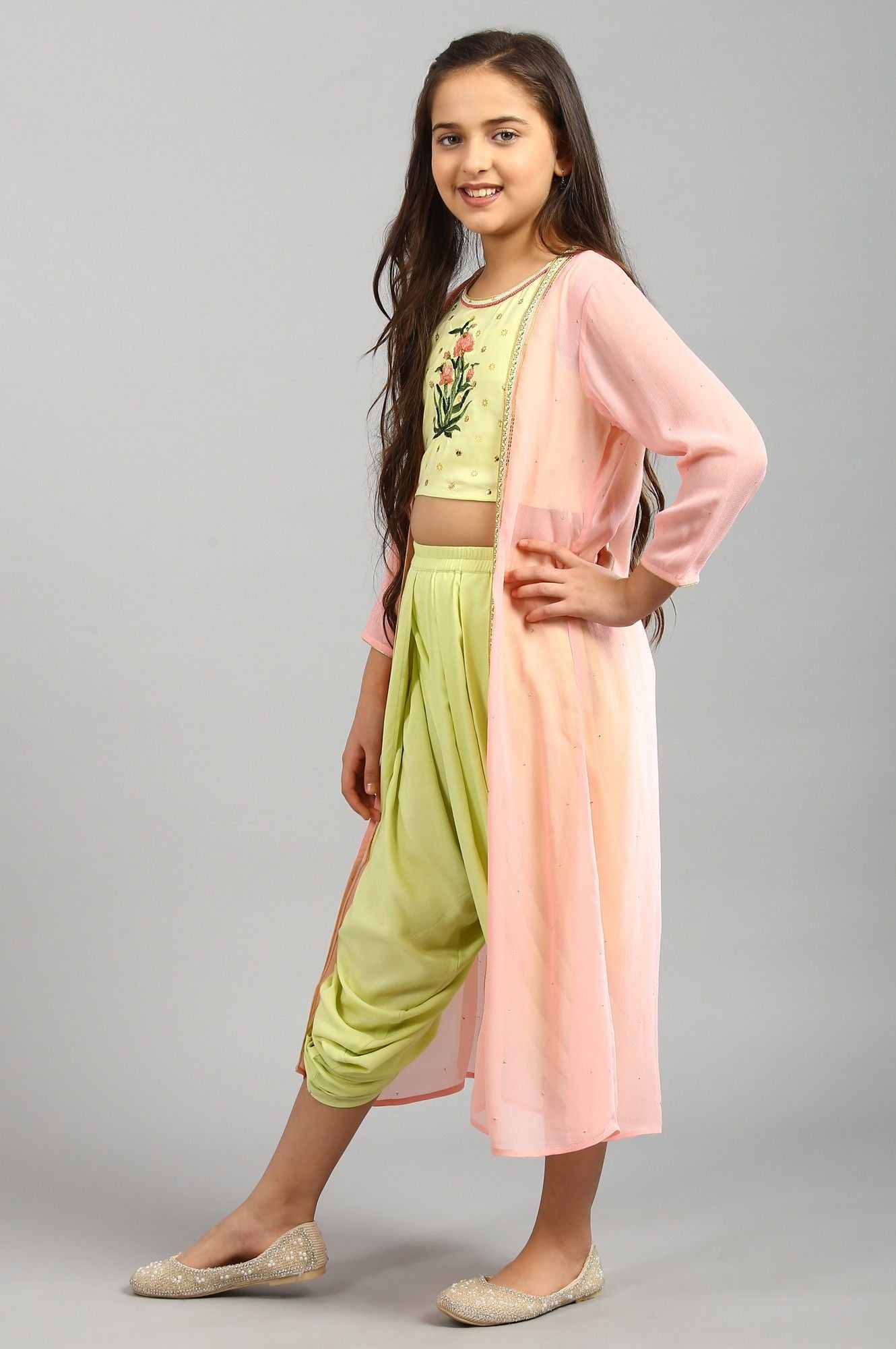 Pista Green Top-Salwar-Pink Gillet Girls Set