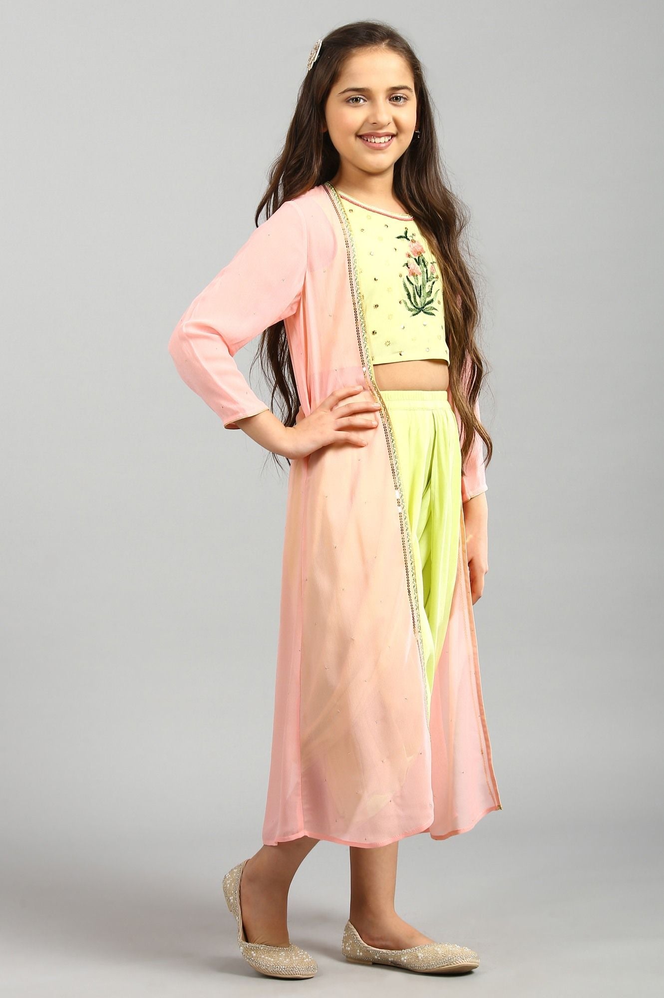 Pista Green Top-Salwar-Pink Gillet Girls Set