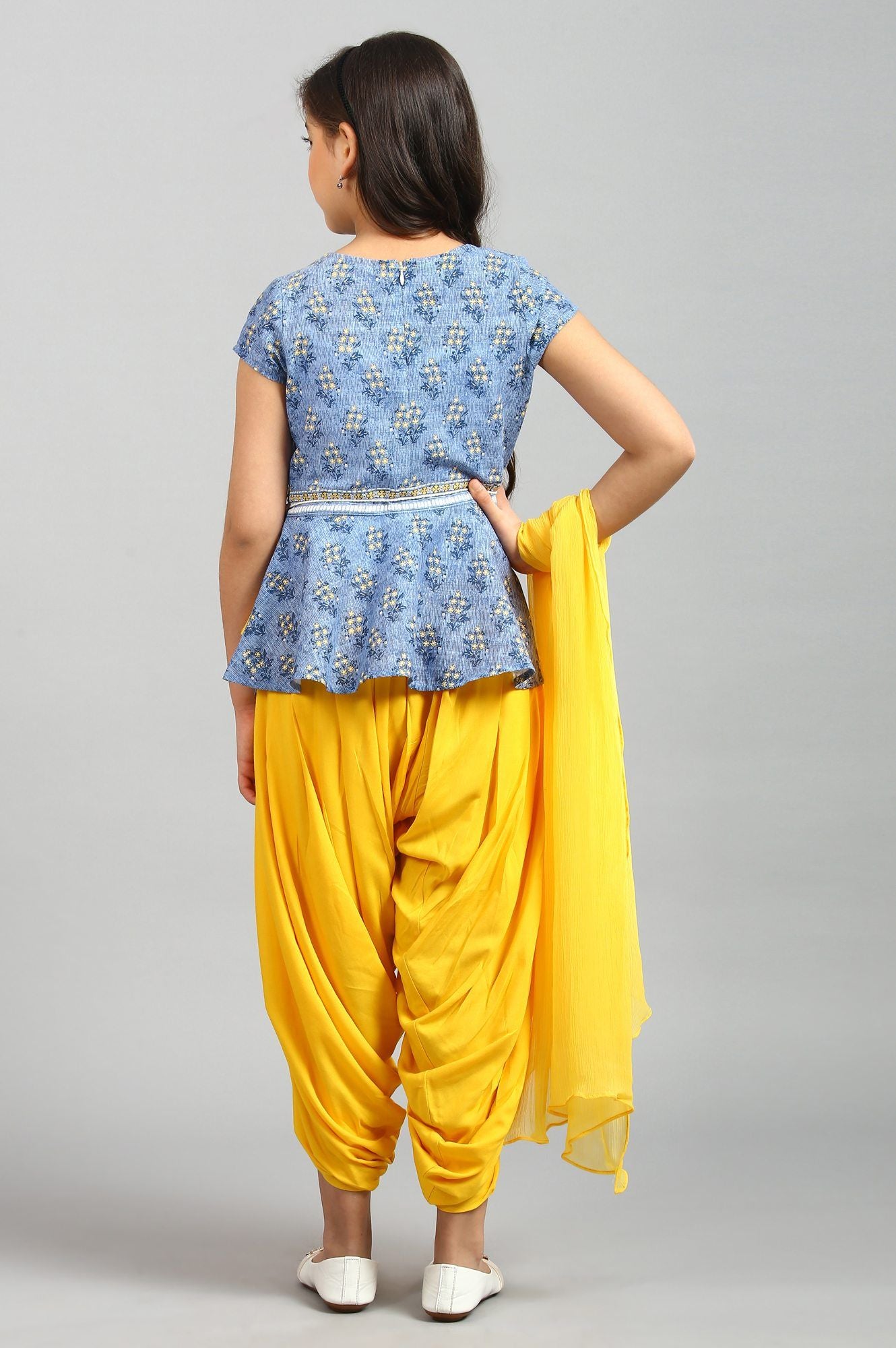 Blue Flared Top-Yellow Salwar-Dupatta Girls Set