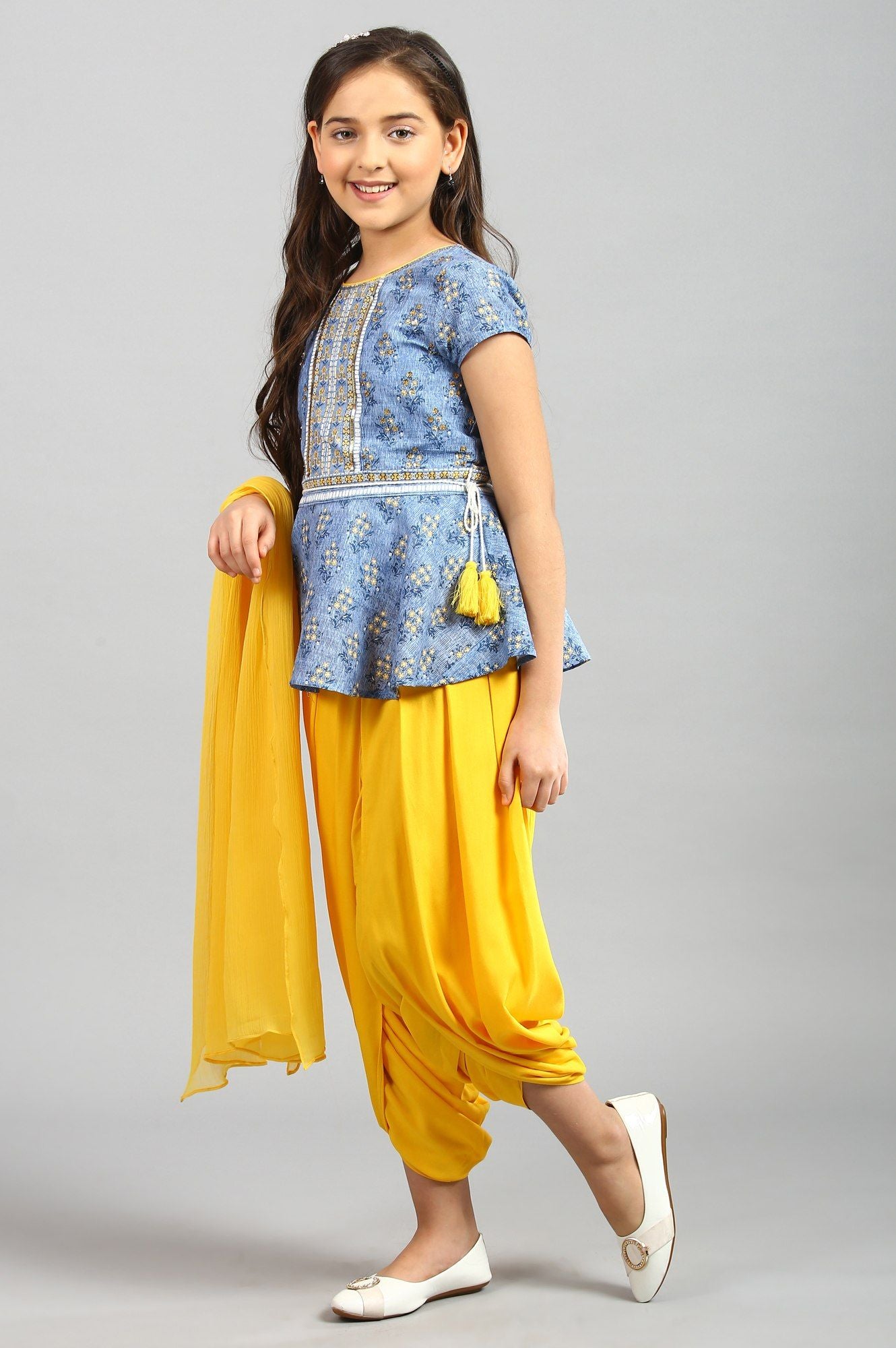 Blue Flared Top-Yellow Salwar-Dupatta Girls Set