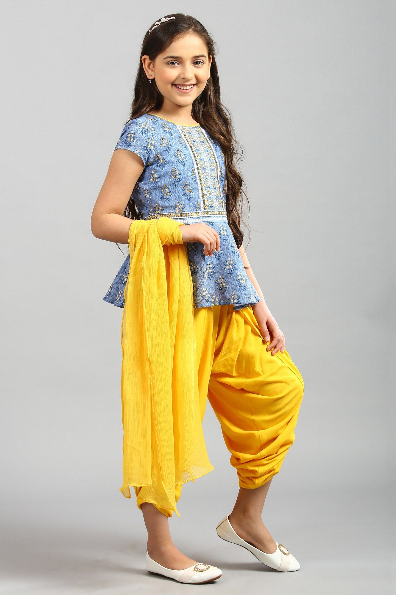 Blue Flared Top-Yellow Salwar-Dupatta Girls Set