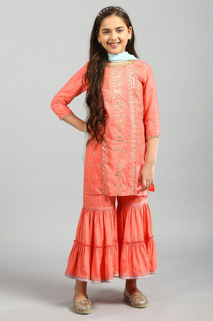 Peach Top-Sharara-Blue Dupatta Girls Set