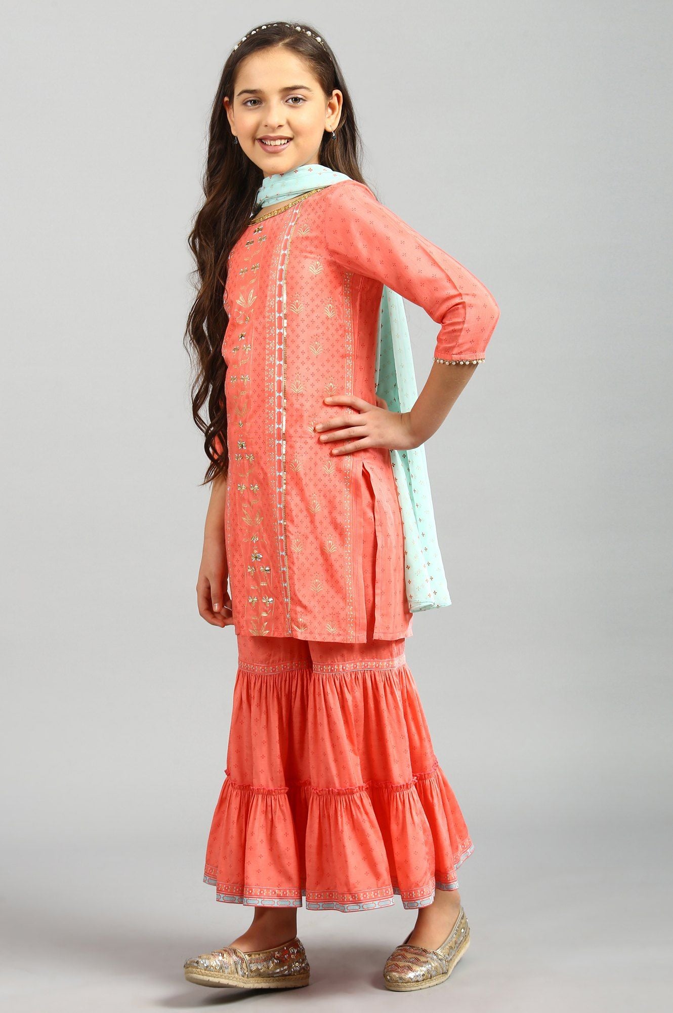 Peach Top-Sharara-Blue Dupatta Girls Set