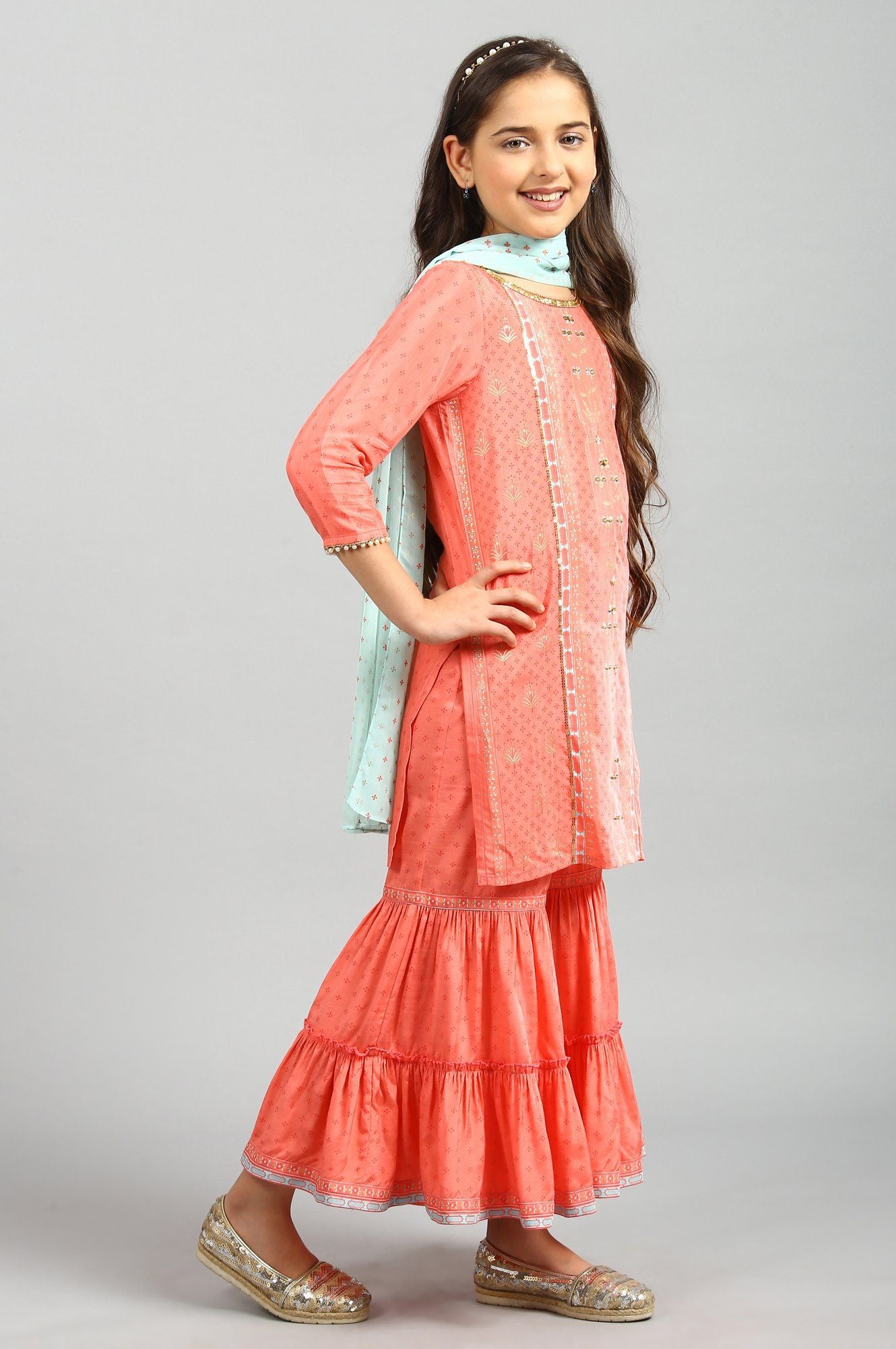 Peach Top-Sharara-Blue Dupatta Girls Set