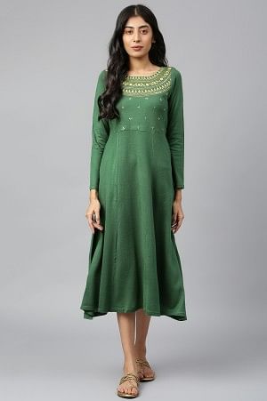 Green Winter Dress With Zari Embroidery