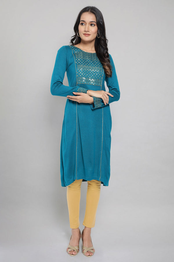 Teal Embellished Winter kurta