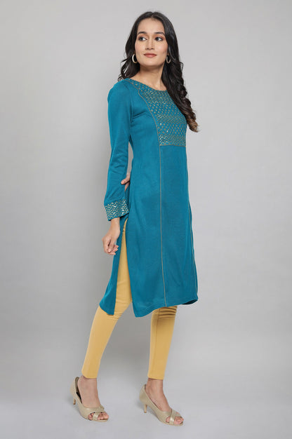 Teal Embellished Winter kurta