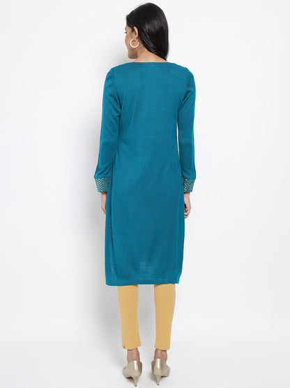 Teal Embellished Winter kurta