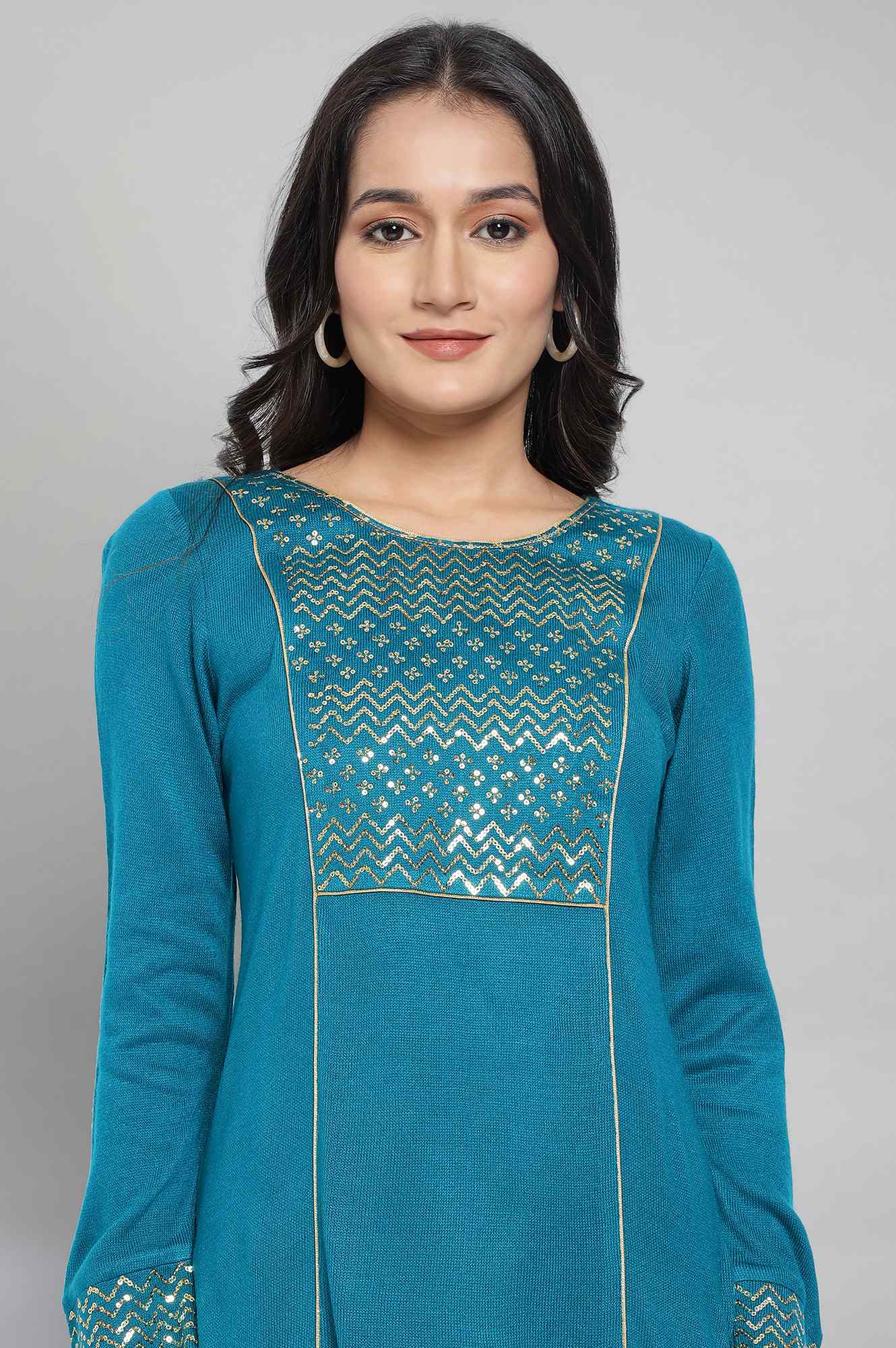 Teal Embellished Winter kurta