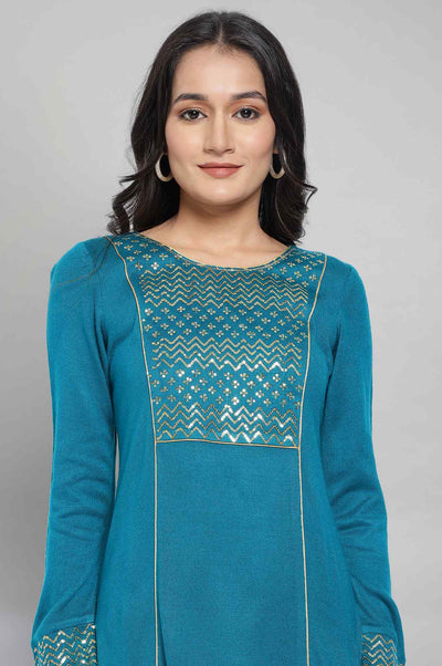 Teal Embellished Winter kurta