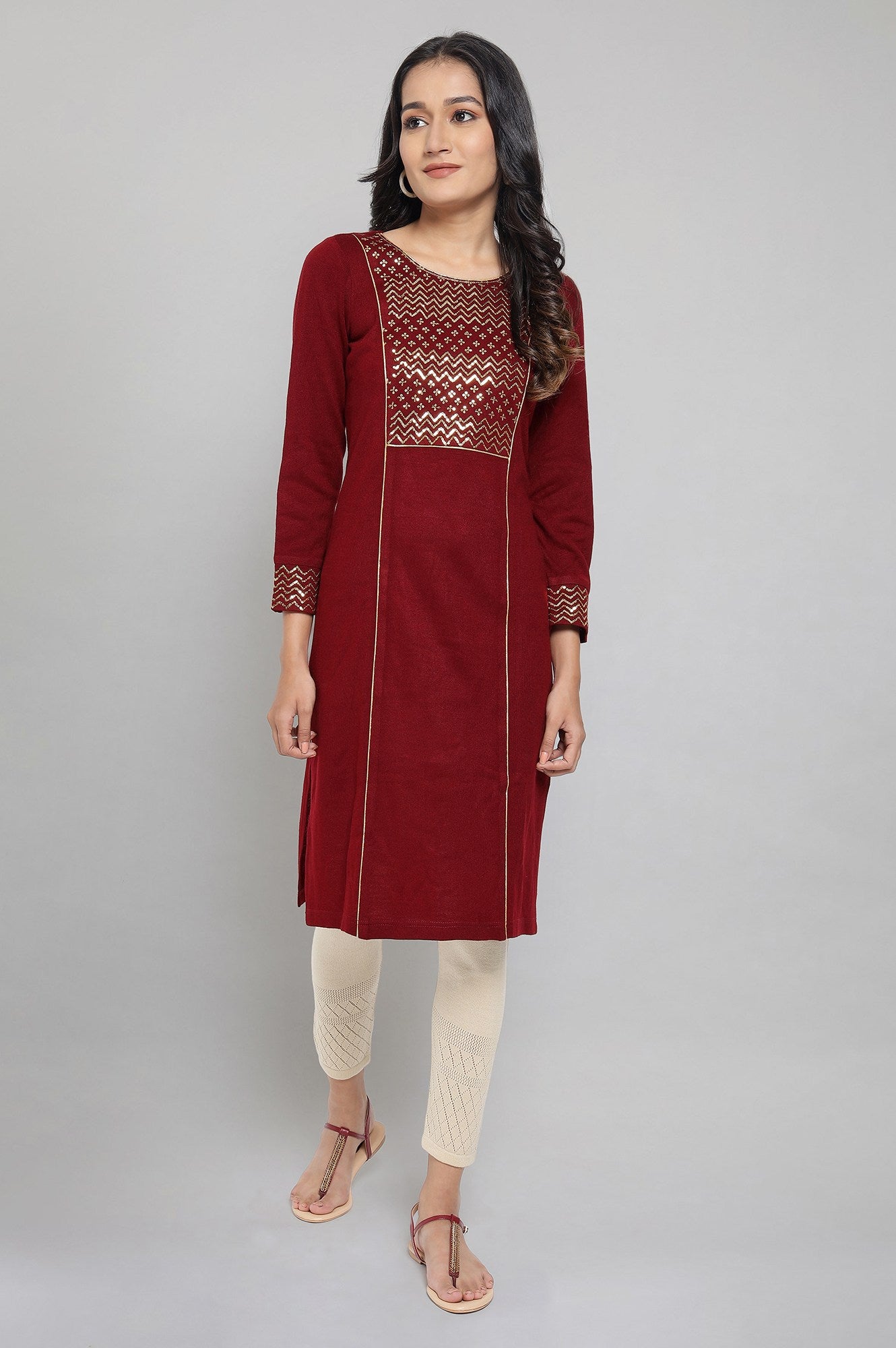 Red Embellished Winter kurta