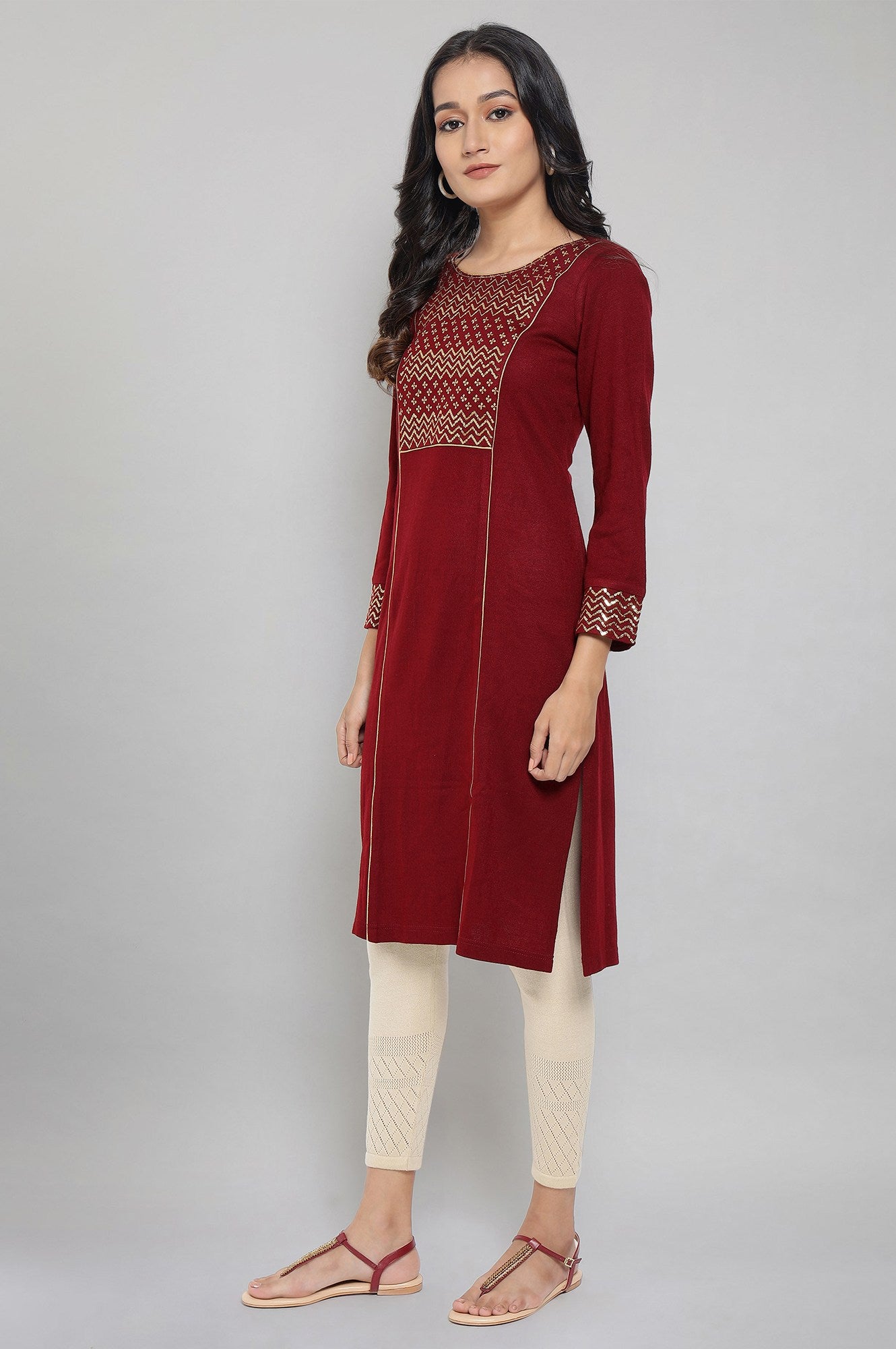 Red Embellished Winter kurta