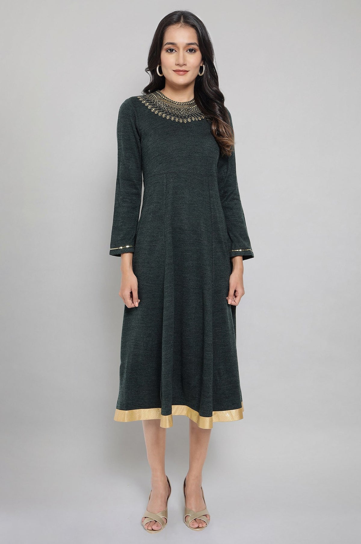 Dark Green Acrylic Dress with Embroidery - XS