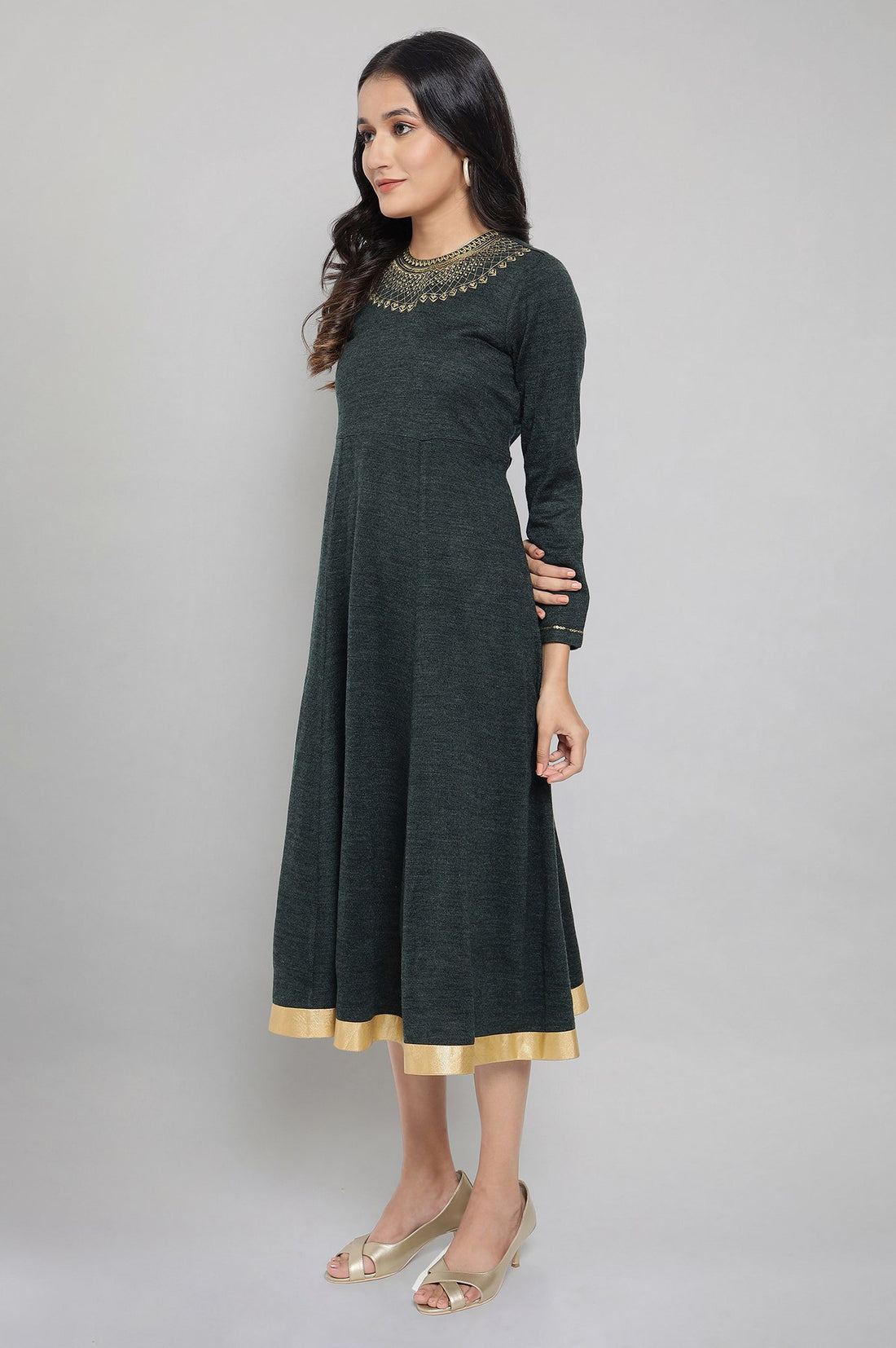Dark Green Acrylic Dress with Embroidery
