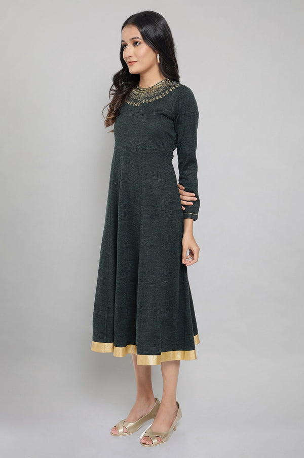 Dark Green Acrylic Dress with Embroidery