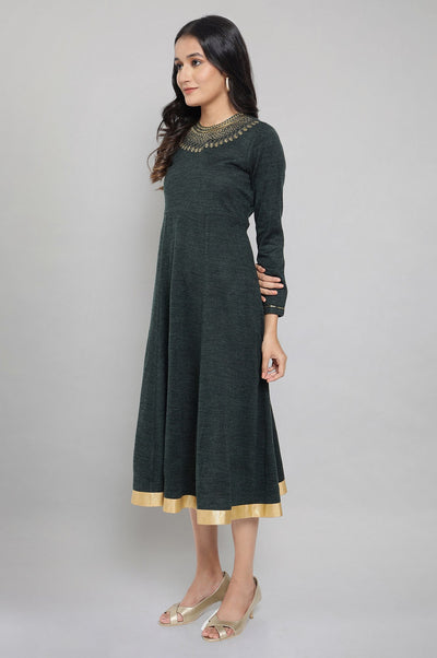 Dark Green Acrylic Dress with Embroidery