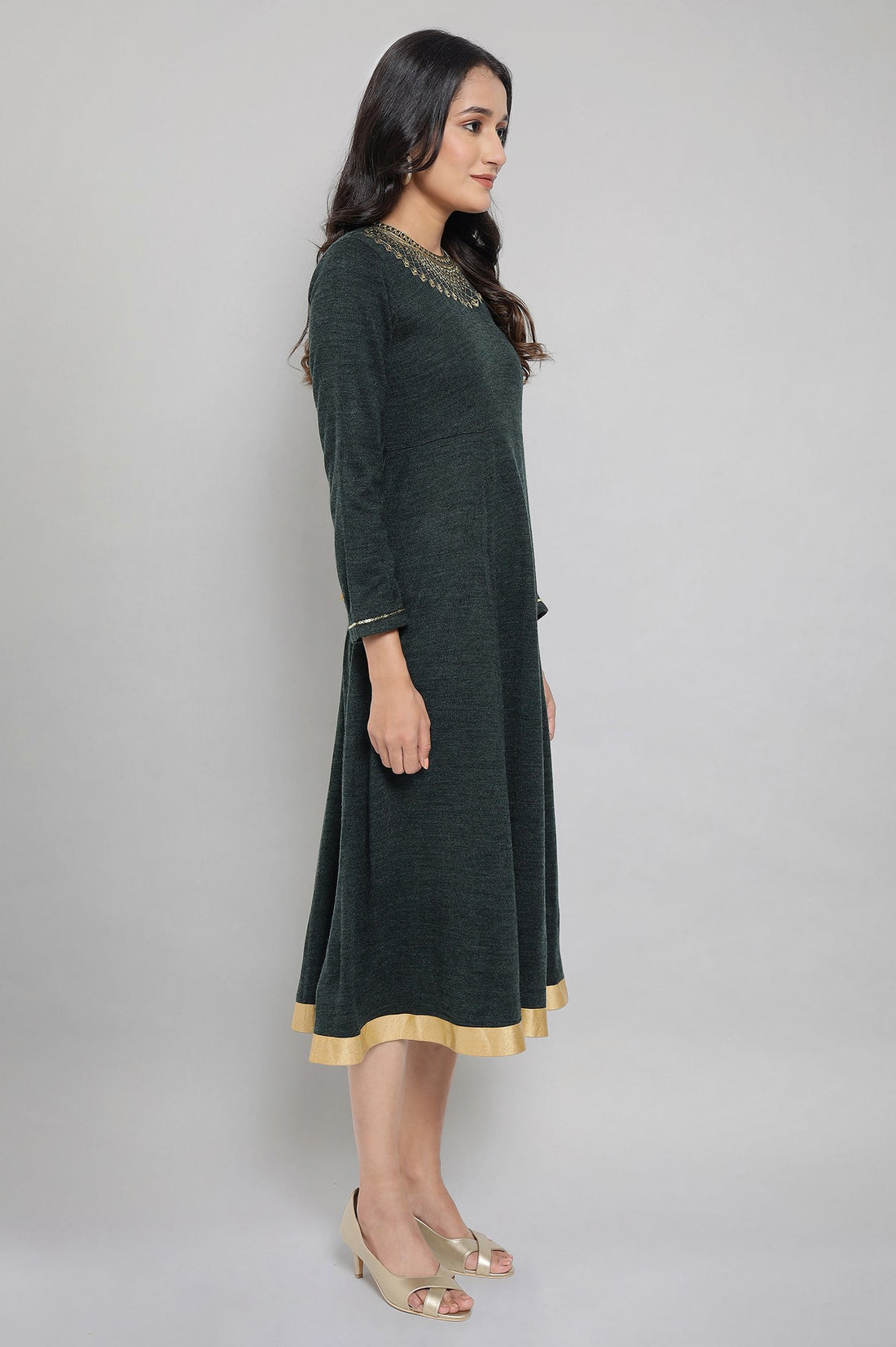 Dark Green Acrylic Dress with Embroidery