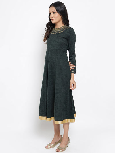 Dark Green Acrylic Dress with Embroidery
