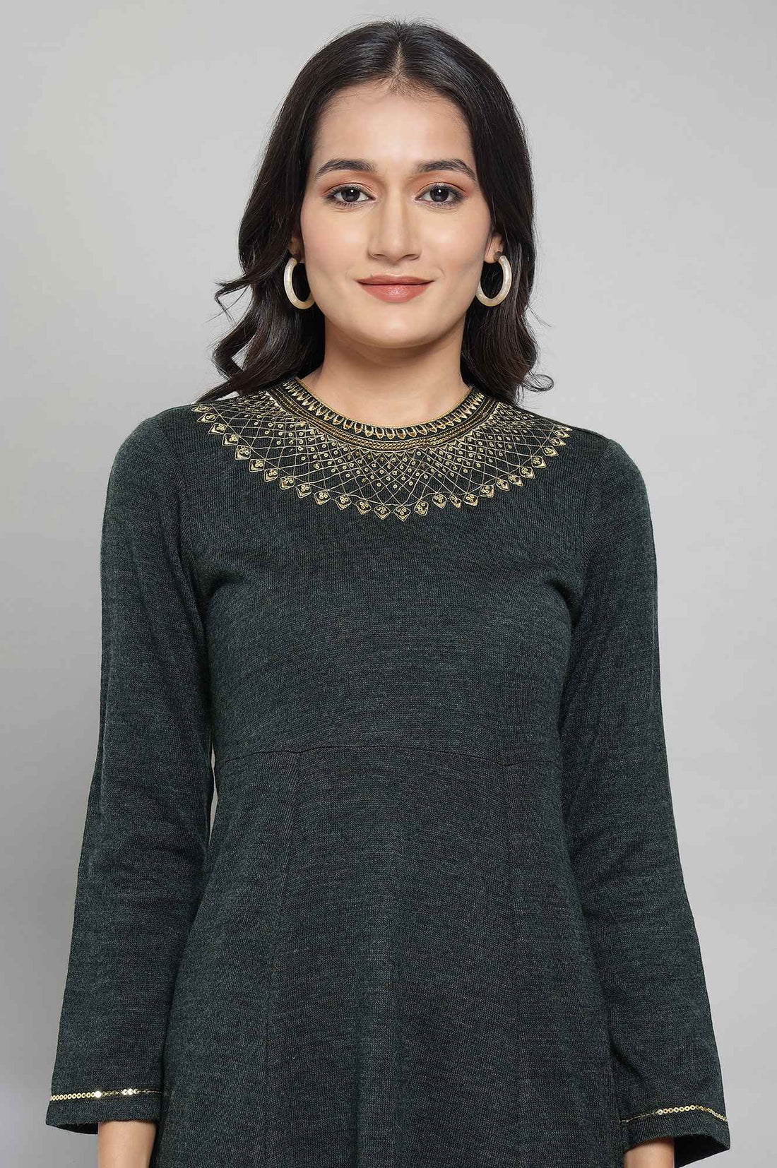 Dark Green Acrylic Dress with Embroidery