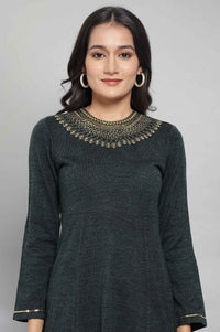 Dark Green Acrylic Dress with Embroidery