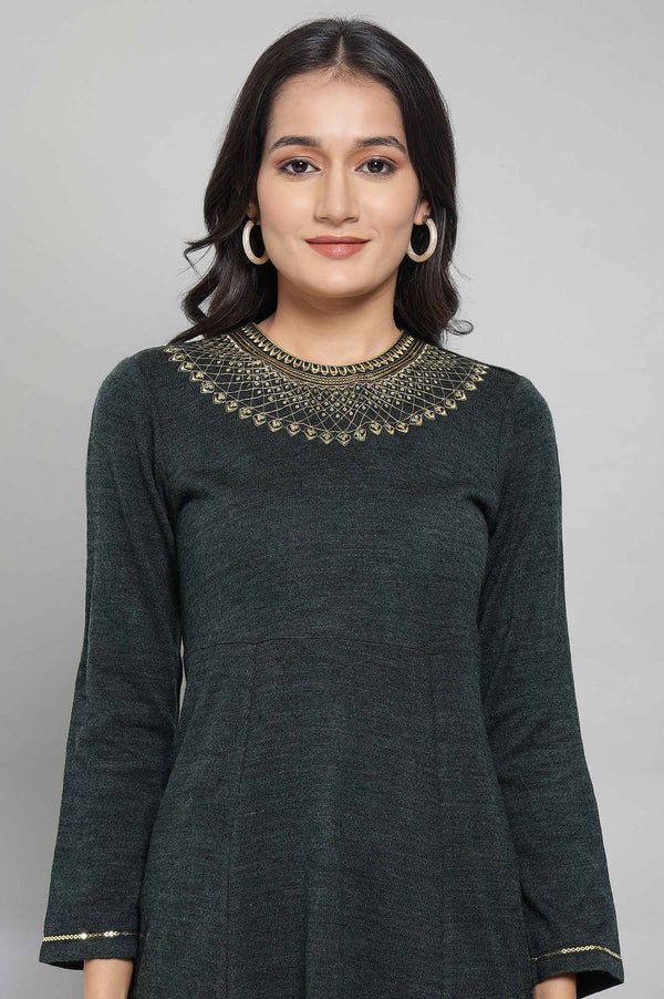 Dark Green Acrylic Dress with Embroidery