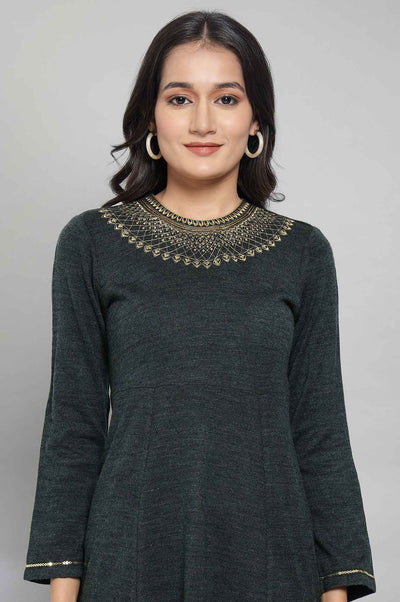 Dark Green Acrylic Dress with Embroidery