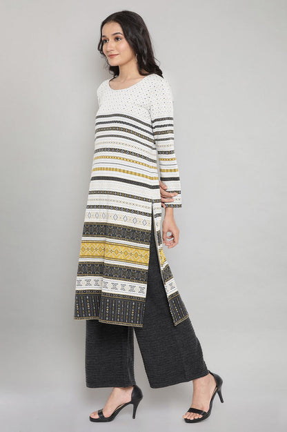 White Jacquard kurta with Stripe Print