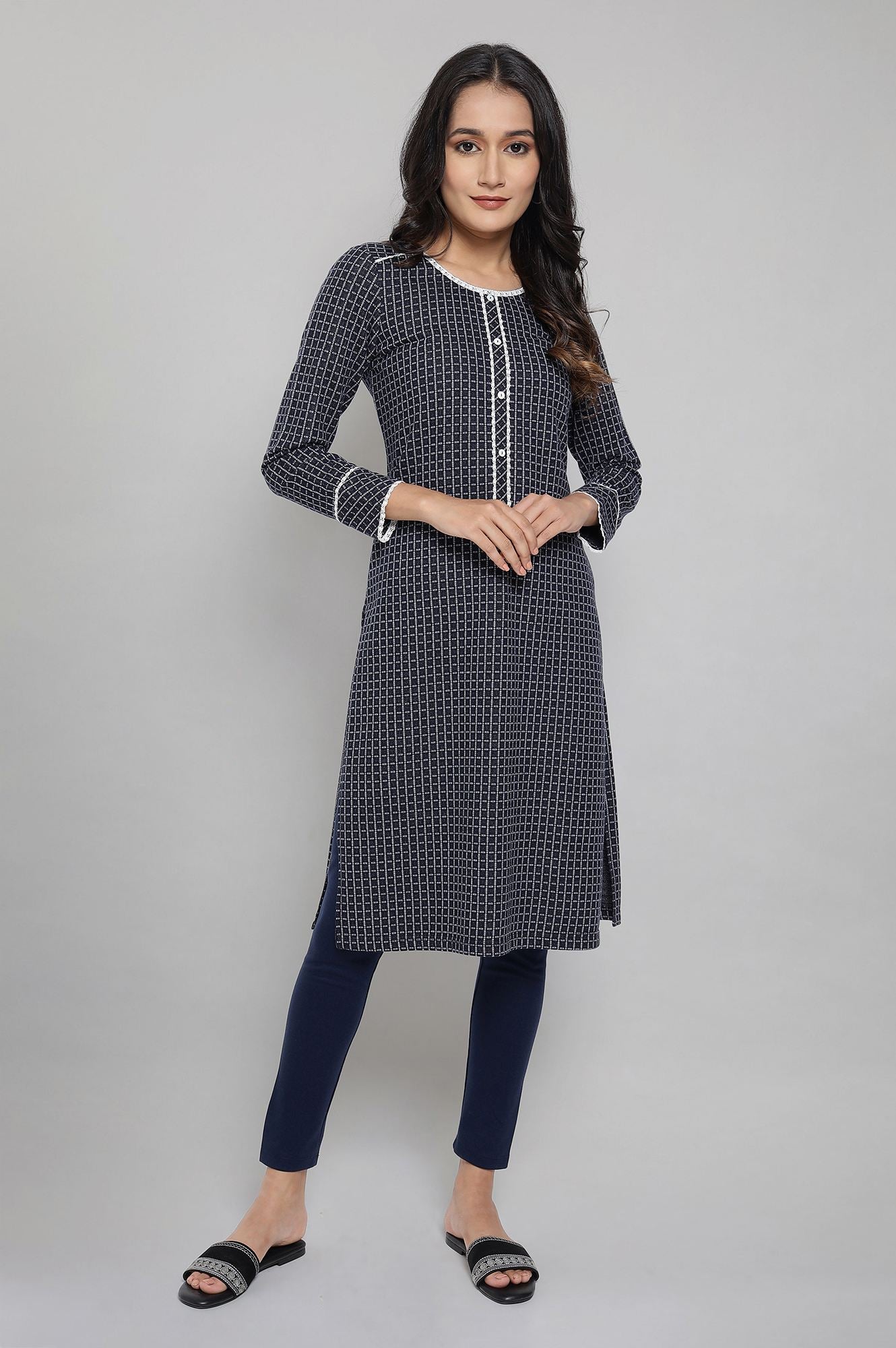 Dark Blue Winter kurta with Lace