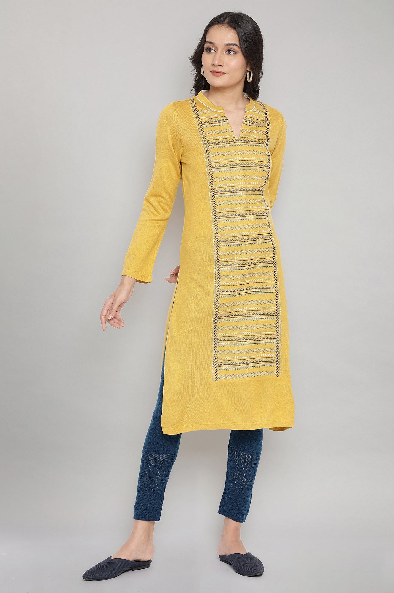 Yellow Embroidered Winter kurta