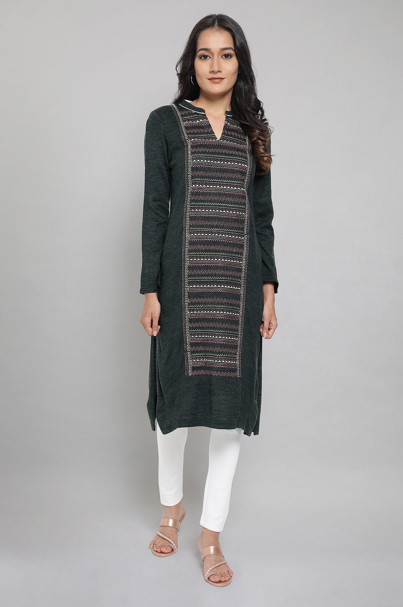 Dark Green Embroidered Winter kurta