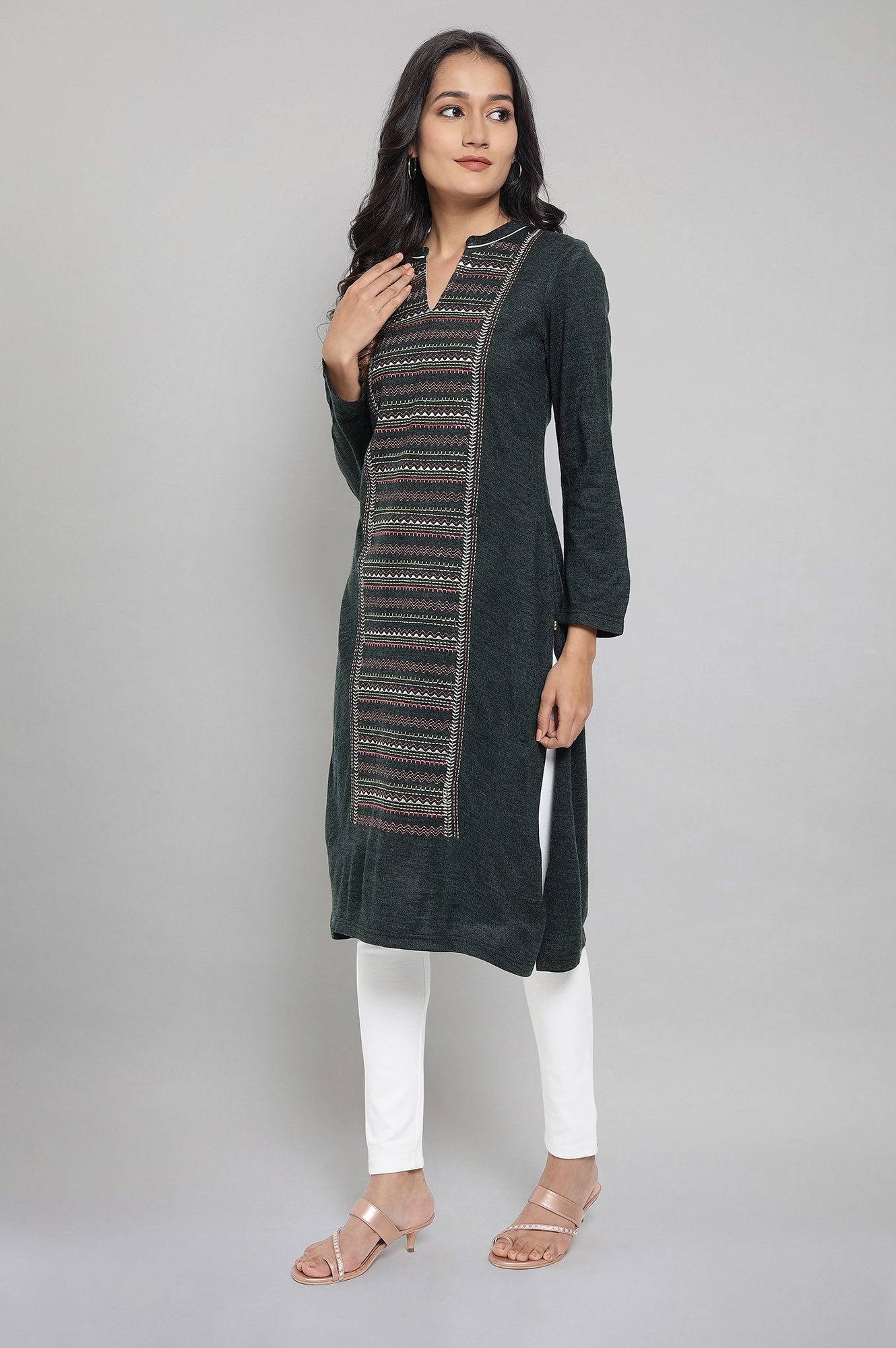 Dark Green Embroidered Winter kurta