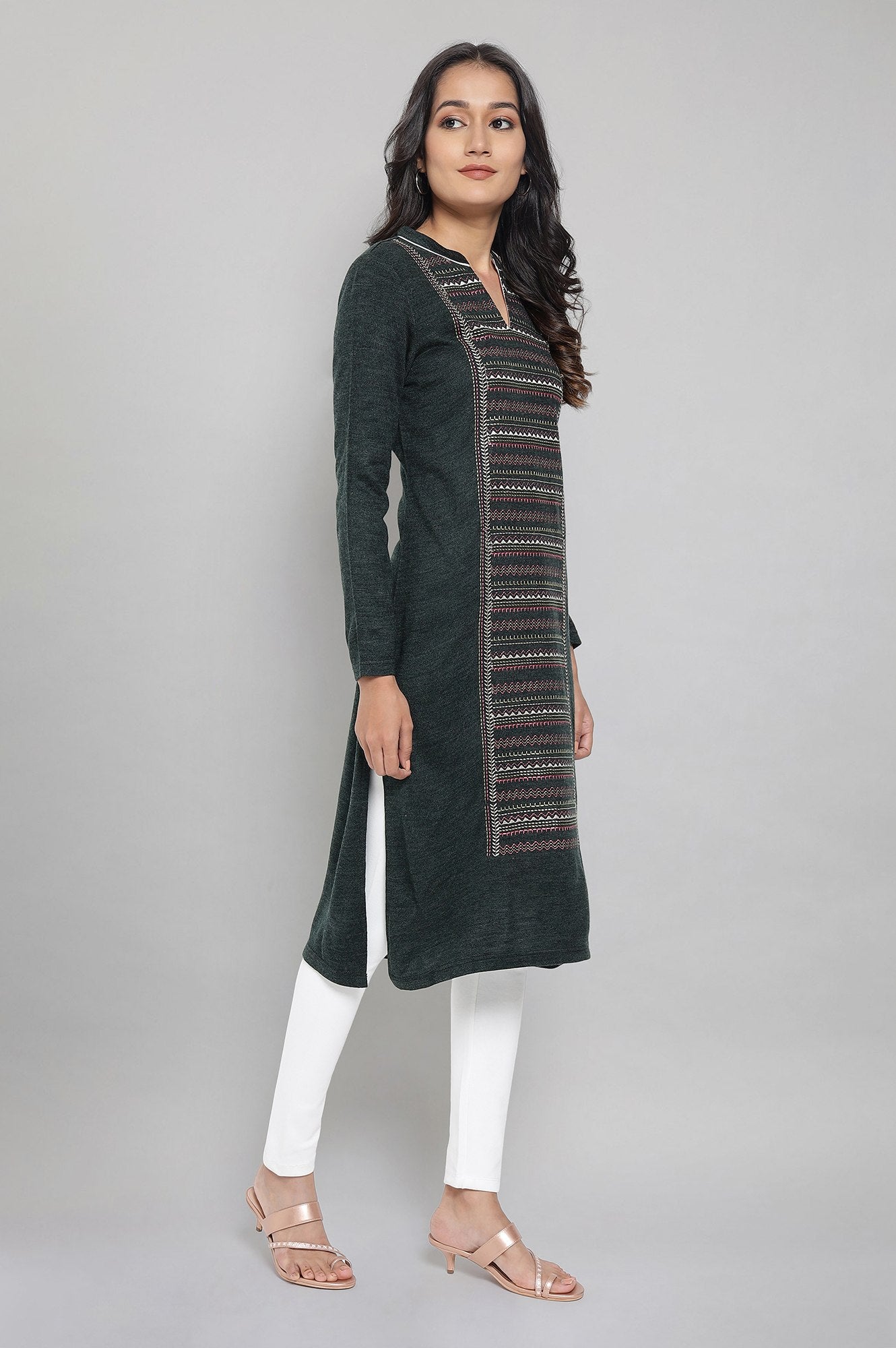 Dark Green Embroidered Winter kurta