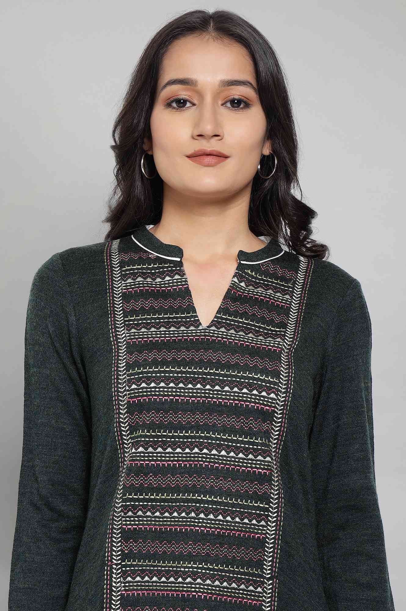 Dark Green Embroidered Winter kurta