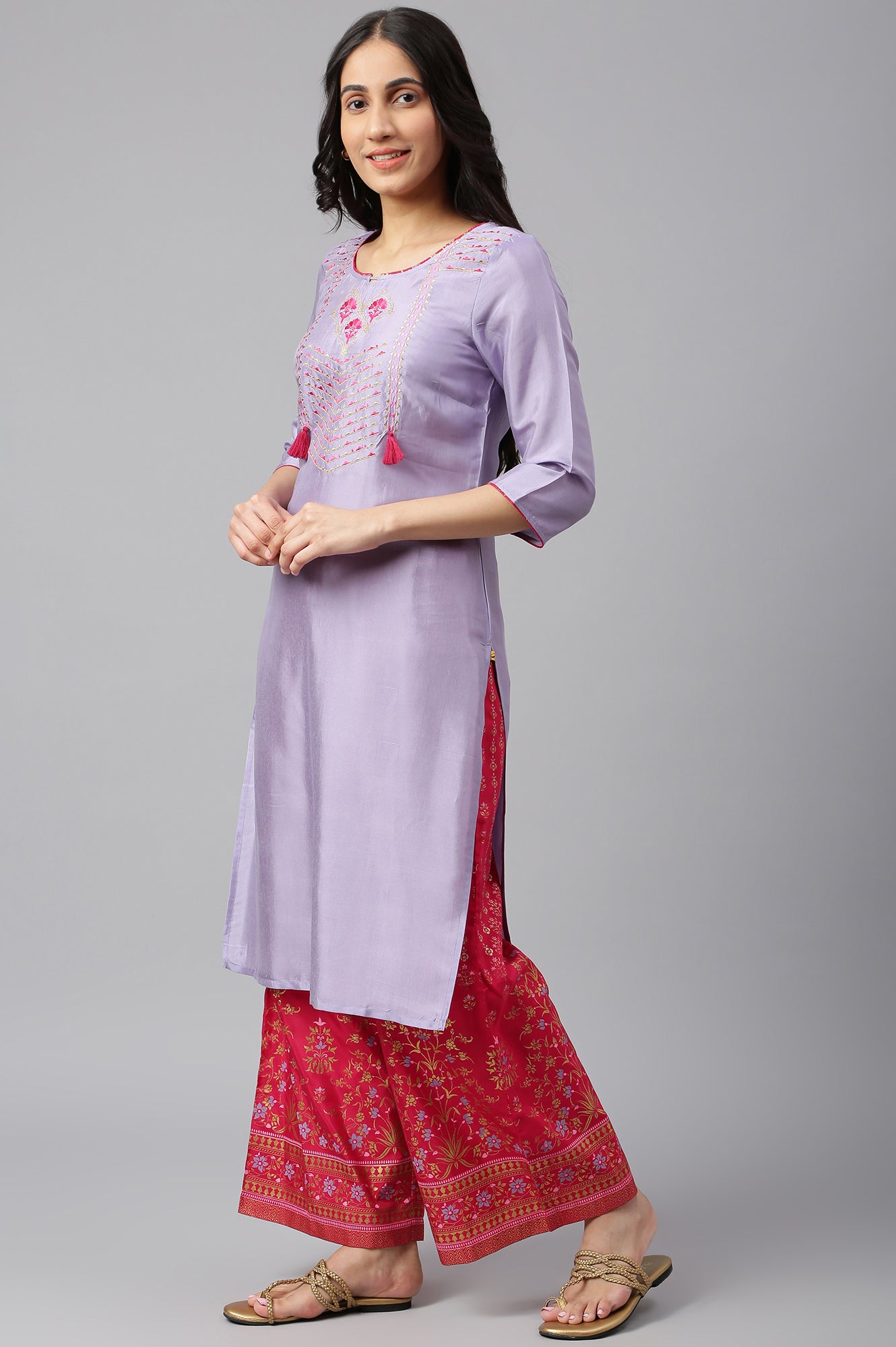 Purple Embroidered kurta-Pink Palazzo-Dupatta Set