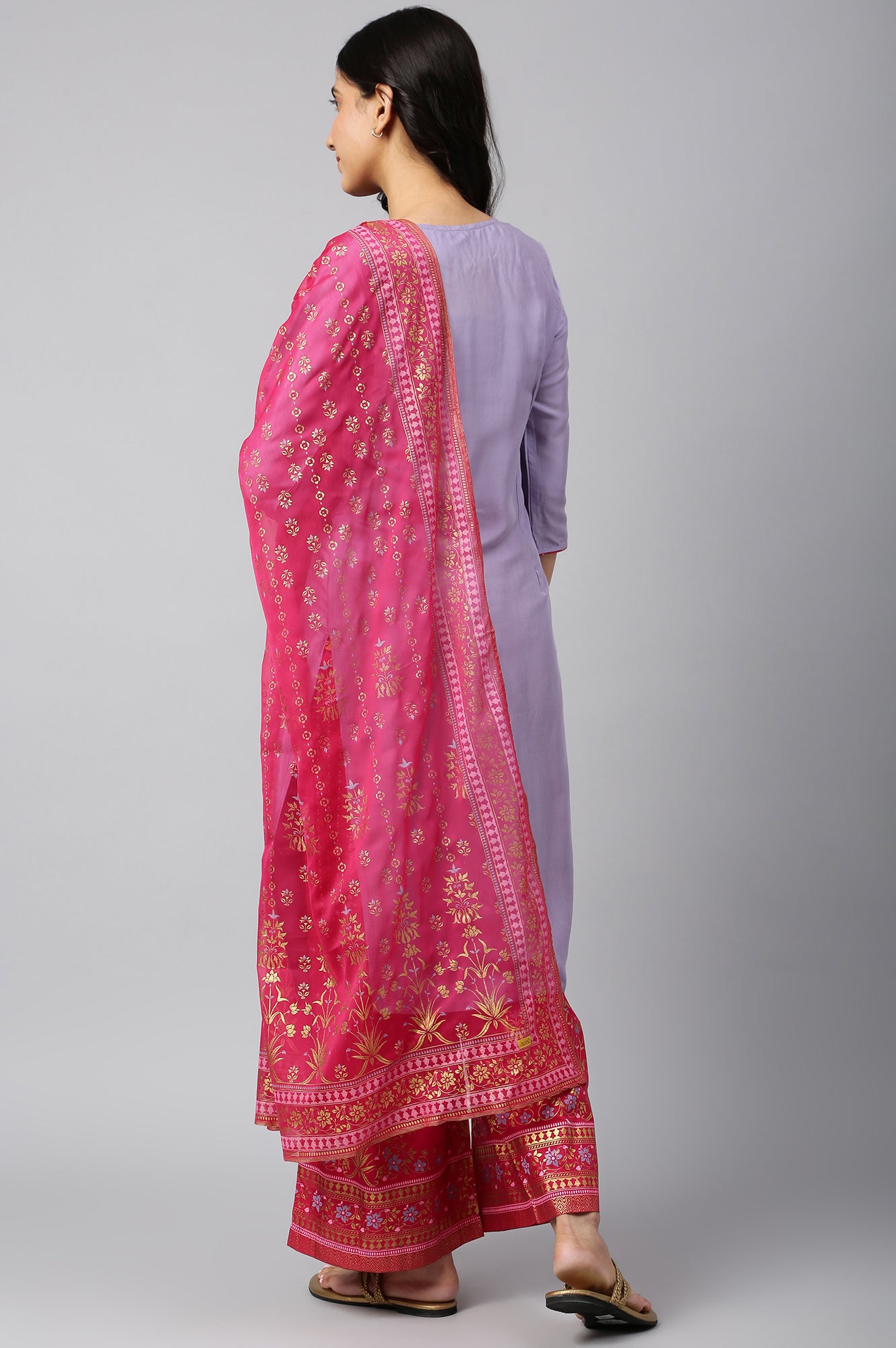 Purple Embroidered kurta-Pink Palazzo-Dupatta Set