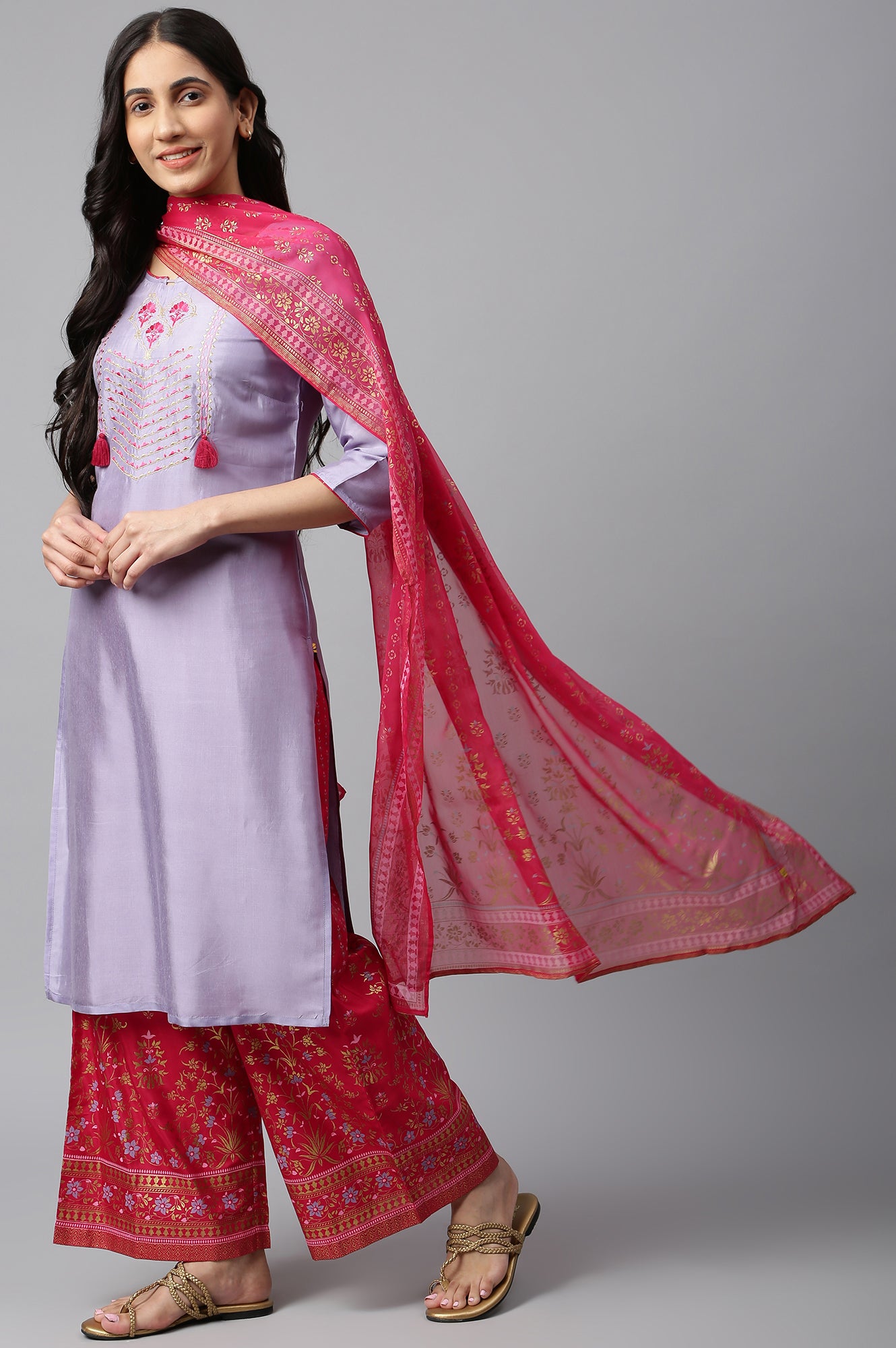 Purple Embroidered kurta-Pink Palazzo-Dupatta Set