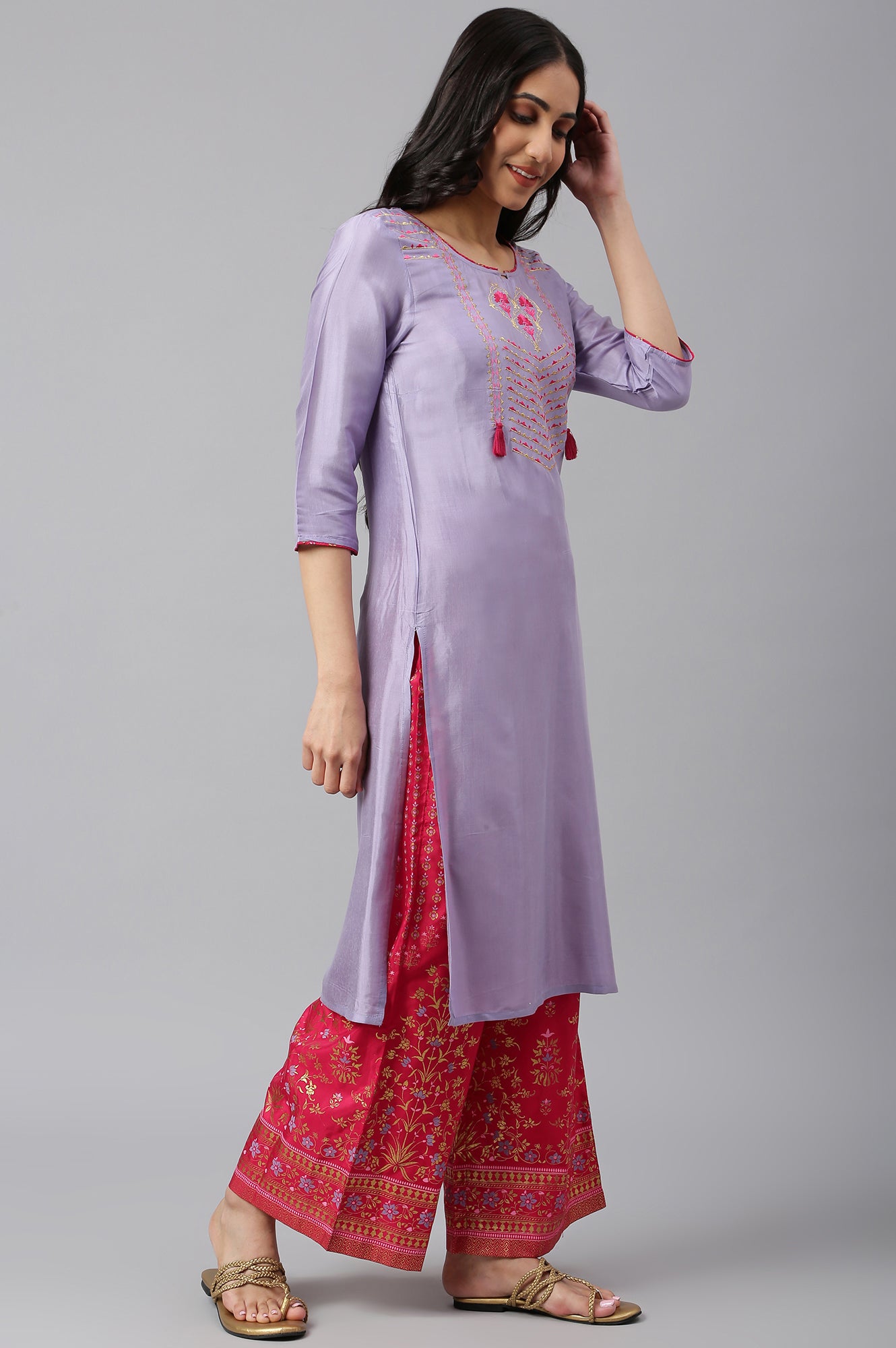 Purple Embroidered kurta-Pink Palazzo-Dupatta Set