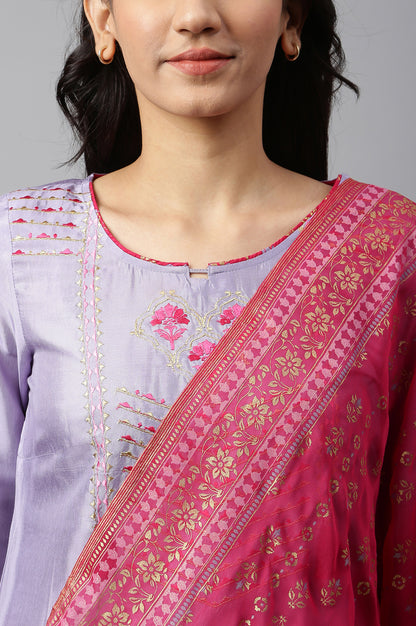 Purple Embroidered kurta-Pink Palazzo-Dupatta Set