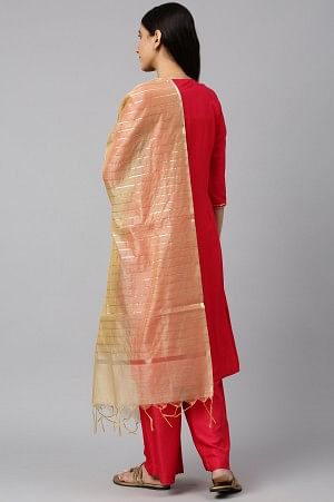 Maroon Embroidered kurta-Palazzo-Gold Dupatta Set