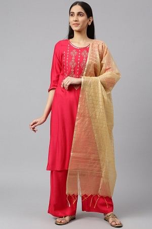 Maroon Embroidered kurta-Palazzo-Gold Dupatta Set