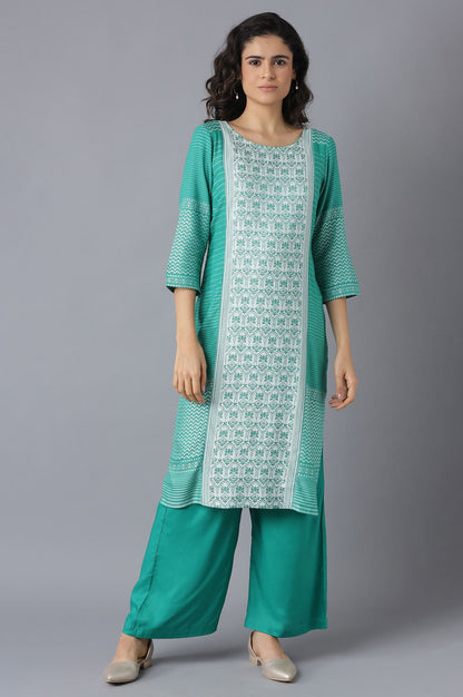 Green Printed kurta-Palazzo Set