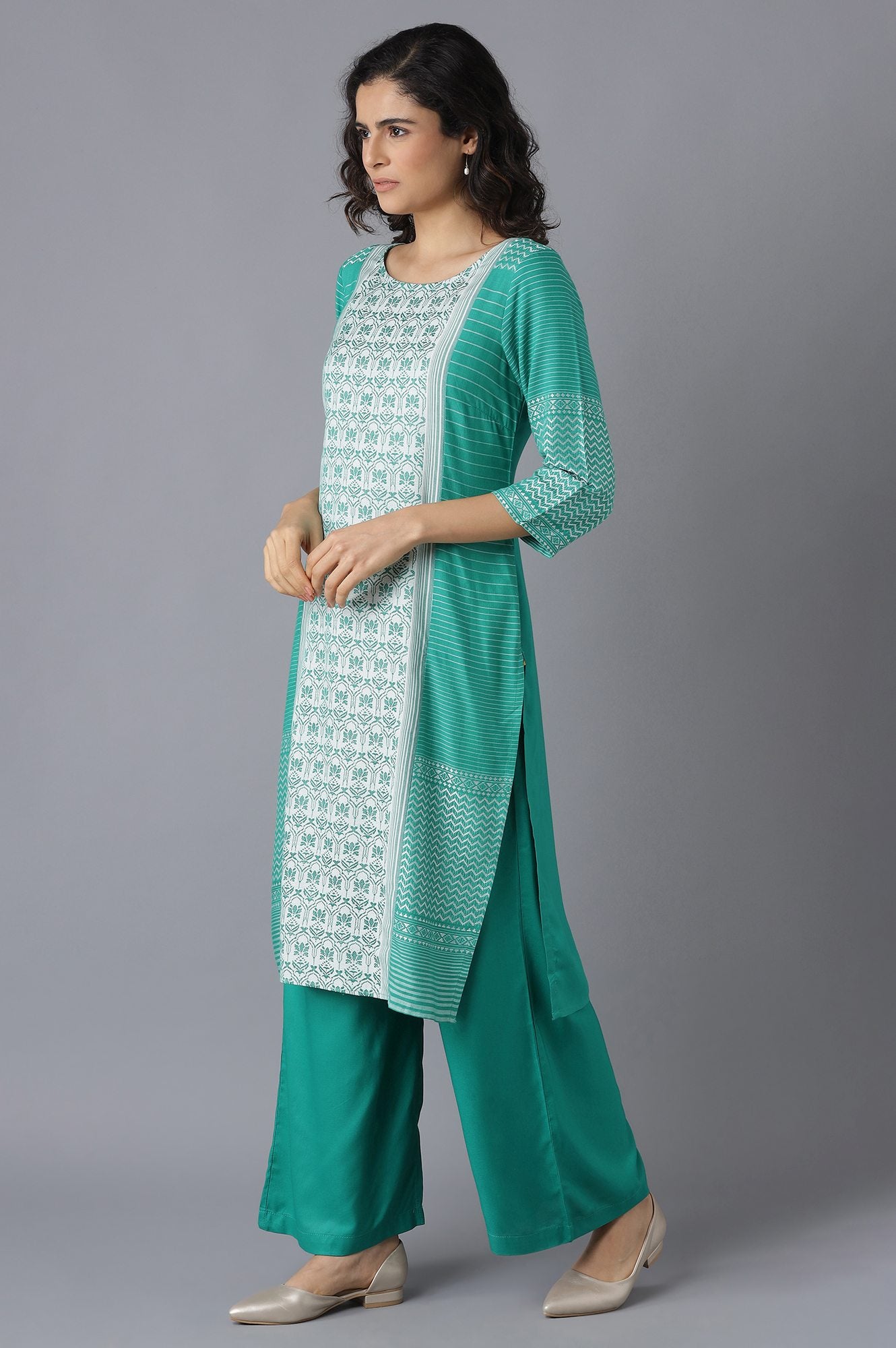 Green Printed kurta-Palazzo Set