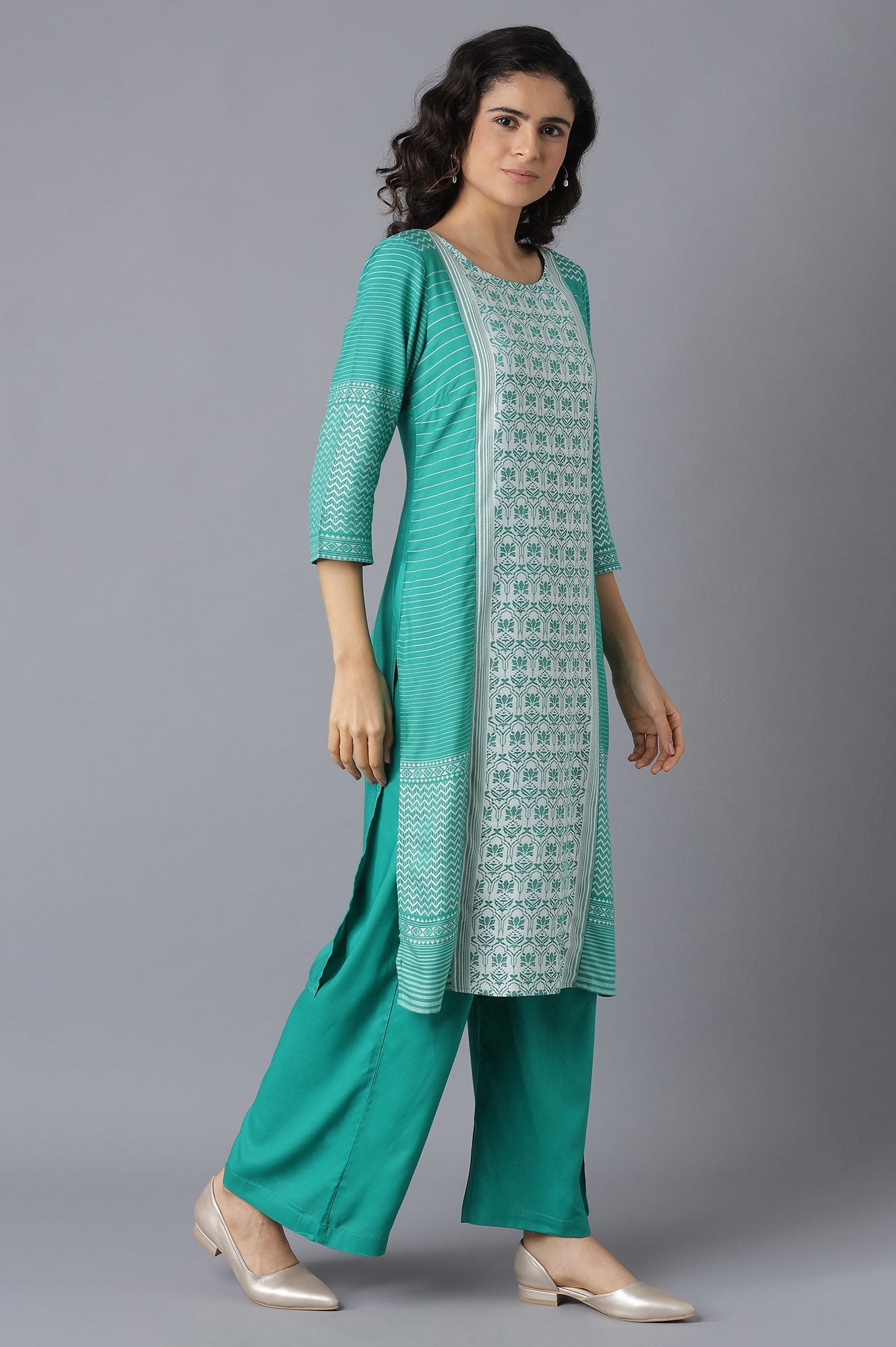 Green Printed kurta-Palazzo Set