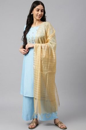 Blue Embroidered kurta-Palazzo-Gold Dupatta Set