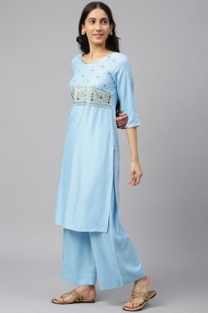 Blue Embroidered kurta-Palazzo-Gold Dupatta Set