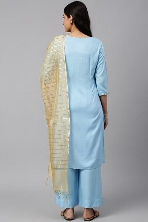 Blue Embroidered kurta-Palazzo-Gold Dupatta Set