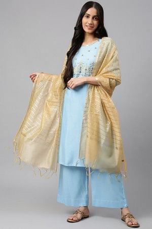 Blue Embroidered kurta-Palazzo-Gold Dupatta Set